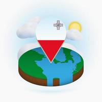 isometrische ronde kaart van malta en puntmarkering met vlag van malta. wolk en zon op de achtergrond. vector