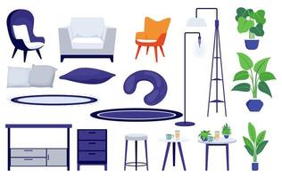 leuke woonkamer meubels set met verschillende meubels stoel fauteuil mat kussen kast kamerplant vector