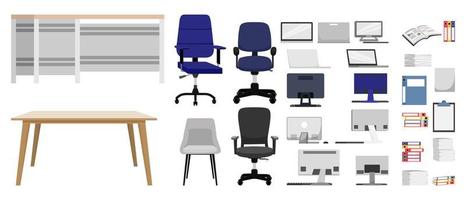 uitrustingsset voor kantoor thuiskantoorset met stoel tafel pc laptop en koffiekopje vector