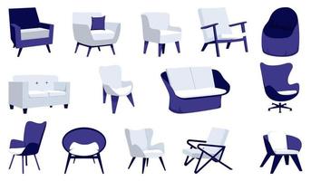 moderne stoel en fauteuil grote set met verschillende vormen en maten en kleuren voor thuis en op kantoor; vector