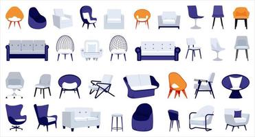 moderne stoel en fauteuil grote set met verschillende ontwerpvorm en -grootte en -kleur voor geïsoleerde thuis- en kantoorbank vector