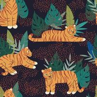 naadloos patroon met platte kleurrijke tijgers en bladeren. abstracte jungle. ontwerp voor stof. vector handgetekende illustratie.
