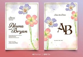 aquarel bruiloft uitnodiging sjabloon met roze en blauwe bloem ornament vector
