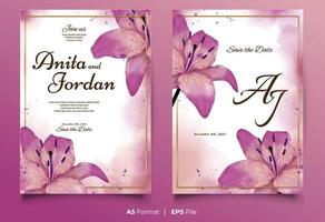 aquarel bruiloft uitnodiging sjabloon met roze en paars bloem ornament vector