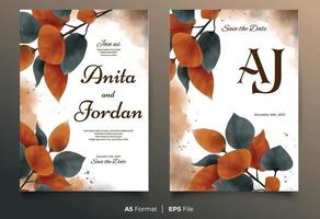 aquarel bruiloft uitnodiging sjabloon met oranje en zwarte bloem blad ornament vector