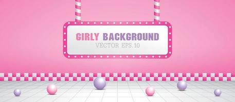 girly roze scène met gloeilamp in retro stijl 3d illustratie vector. vector