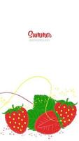 verticale vector zomerbanner met heldere, sappige aardbeien, bladeren, abstracte penseelstreken en verfspatten