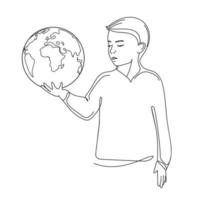 planeet globe in de palm van een kind jongen abstracte lijn kunst vector illustration.little jongen en de aarde minimalisme kunst, zwart-wit schets.environment concept.earth planeet dag.