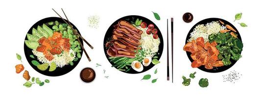 platen met voedsel bovenaanzicht, zalm, groenten, rijst, biefstuk met rijst eieren en asperges.chicken rijst,avocado.set van kommen, cartoon stijl, witte background.healthy food.asian cuisine.vector afbeelding vector