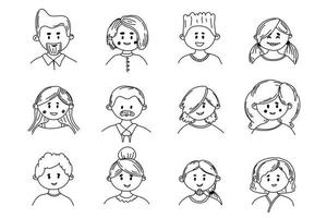 mensen doodle avatar set. diversiteit oude en jonge mannen en vrouwen. mensen met verschillende kapsels. vectorillustratie in platte schetsstijl. portretten pictogrammen instellen. vector