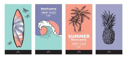 bewerkbare verhalensjabloon. hallo zomer, palmboom, surfplank, ananas. hand getekende illustratie. vector