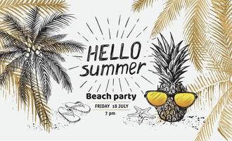 hallo zomer, palmboom, bril, ananas. hand getekende illustratie.