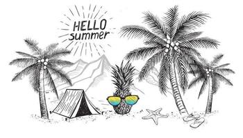 hallo zomer, palmboom, bril, ananas. hand getekende illustratie. vector