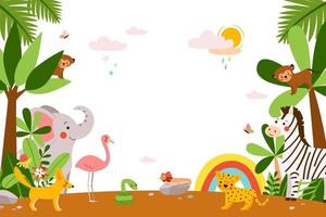 schattige Afrikaanse baby dieren op jungle achtergrond. vector grappige kinderkarakters - olifant, aap, zebra, flamingo, luipaard in een mooie blanco voor spandoeken, posters en diploma's