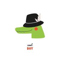 schattig baby t-shirt design met grappige alligator in mode hoed en coole jongenstekst. handgetekende vectorillustratie in doodle-stijl voor kinderdagverblijfkaarten, prenten, posters, stickers, textiel vector