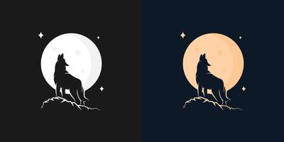 silhouetillustratie van huilende wolf met maanlogo-ontwerp vector