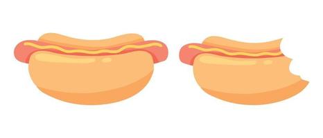 hotdog . broodje met worst en mosterd. Fast food. vectorillustratie in cartoon-stijl. straatvoedsel. hele en gebeten hotdog.
