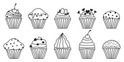 set cupcakes in doodle stijl. een mooie collectie muffins met kersen, aardbeien, room. chocola. vectorillustratie. vector