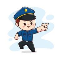 illustratie van gelukkige schattige politieagent met wijzende vinger kawaii chibi cartoon karakterontwerp vector