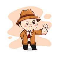 illustratie van schattige detective of man in bruin pak met stopbord kawaii chibi karakter vector