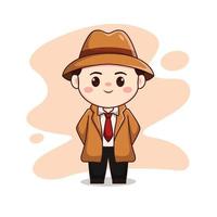 illustratie van een schattige detective of een man met een chibi-personage in een bruin pak vector