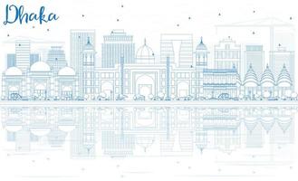 schets de skyline van dhaka met blauwe gebouwen en reflecties. vector