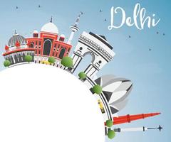 de skyline van Delhi met grijze gebouwen, blauwe lucht en kopieerruimte. vector