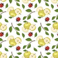 naadloos patroon met gele appels en rood lieveheersbeestje. print van hele en halve gezonde vruchten met bladeren. achtergrond van zoet voedsel voor dieet. platte vectorillustratie vector