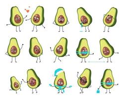avocadokarakter met blije of droevige emoties, paniek, liefdevol of dapper gezicht, handen en benen. vrolijke groenteman, fruit met masker, bril of hoed. platte vectorillustratie. vector
