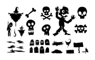 halloween silhouetten zwarte pictogrammen en tekens trumpkin grappig t-shirt halloween pompoen boo heks spook schedel vleermuis skelet vectorillustratie. vector