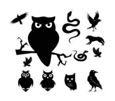 halloween silhouetten zwarte pictogrammen en tekens trumpkin grappig t-shirt halloween pompoen boo heks spook schedel vleermuis skelet vectorillustratie. vector