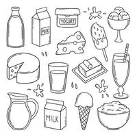hand getekende set melk en zuivelproducten doodle. boerderij eten. kaas, boter, yoghurt, melk, ijs, kwark in schetsstijl. vectorillustratie geïsoleerd op een witte achtergrond. vector