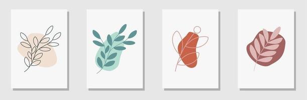 set vector botanische muur kunst vector set. aarde toon kleur achtergrond gebladerte lijntekeningen tekenen met abstracte vorm. abstract plant art design voor muur ingelijste prints, canvas prints, poster, home decor.