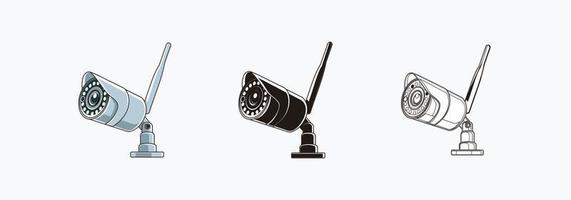 CCTV draadloze camera pictogrammen instellen met antenne - gekleurd, silhouet, lijn pictogram vectorillustraties geïsoleerd op wit vector