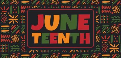 bannerontwerp van juni met schattige heldere letters op Afrikaanse etnische tribale naadloze patroonachtergrond vector