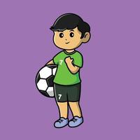 schattige jongen met voetbal cartoon pictogram vectorillustratie. mensen sport pictogram concept geïsoleerde premium vector. vector