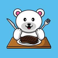schattige ijsbeer eet biefstuk met mes en vork op tafel cartoon vector pictogram illustratie. dierlijk voedsel pictogram concept geïsoleerde premium vector.