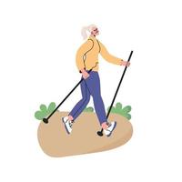 gelukkige senior doet nordic walking met stikcs in het park. oudere vrouw leidt een actieve levensstijl. platte vector