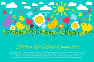 vogels en bloemen platte banner met copyspace vector