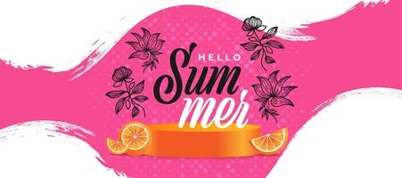 zomer feestelijke achtergrond met realistische sinaasappelen op 3d podium en minimale bloemenillustratie. zomertijd achtergrond voor spandoek of posterontwerp vector