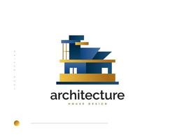 elegant modern en minimalistisch onroerend goed logo-ontwerp. luxe blauw en goud huis logo-ontwerp voor architectuur of bouwbedrijf merkidentiteit vector