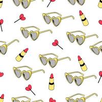 gele zonnebril, rode lippenstift en een lolly. retro stijl. naadloze patroon op witte achtergrond digitale afbeelding vector