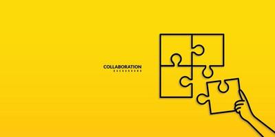 hand met puzzelstukje om de laatste puzzel op gele achtergrond, zakelijke oplossingen, samenwerking en teamwork concept te voltooien. succes, planning en strategie vector