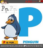 letter p uit alfabet met cartoon pinguïn dier karakter vector