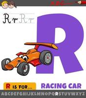 letter r werkblad met stripfiguur racewagen vector