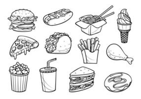 met de hand getekend fastfood en drinken in doodle-stijl vector