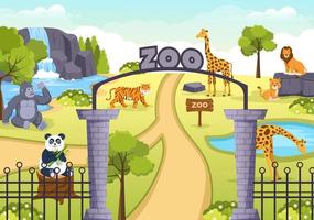 dierentuin cartoon afbeelding met safari dieren olifant, giraf, leeuw, aap, panda, zebra en bezoekers op grondgebied op bos achtergrond
