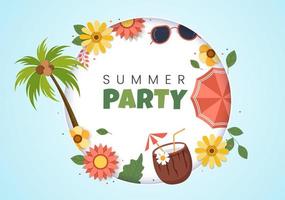 zomerfeest cartoon achtergrond afbeelding met tropische planten, apparatuur op het strand voor poster of wenskaart ontwerp vector