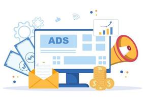 reclame of advertenties vectorillustratie voor mobiele sociale media, campagne, bedrijfspromotie, merk en digitale marketing in platte cartoonstijl vector
