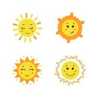 set van schattige handgetekende zon. gele grappige zonnen met verschillende emoties geïsoleerd op een witte achtergrond. vector kinderachtige illustratie in platte cartoonstijl